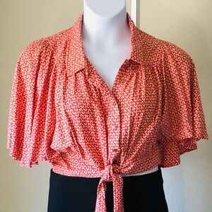 Anthropologie-Maeve Dressy Tie Waist Semi Crop Blouse Dark Coral/Cream sz 12 NWT